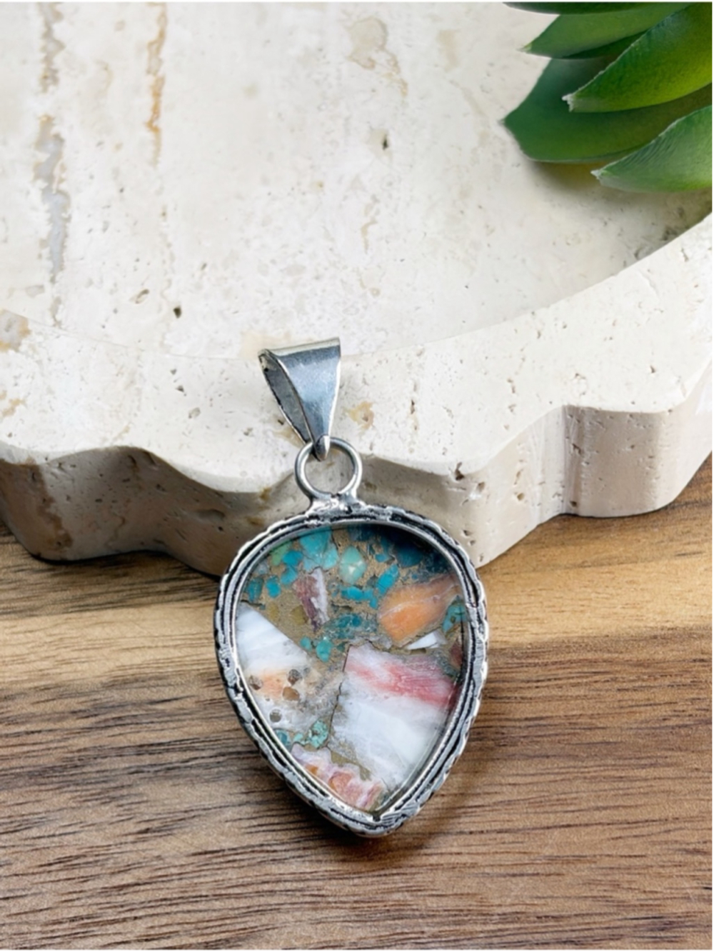 Southwest Oyster Turquoise Pendant Pear Sterling Silver 925 Overlay Handmade New - Picture 6 of 7